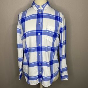 J. Crew Factory Blue/White Plaid Flannel Boy Fit Button-up Shirt sz Small